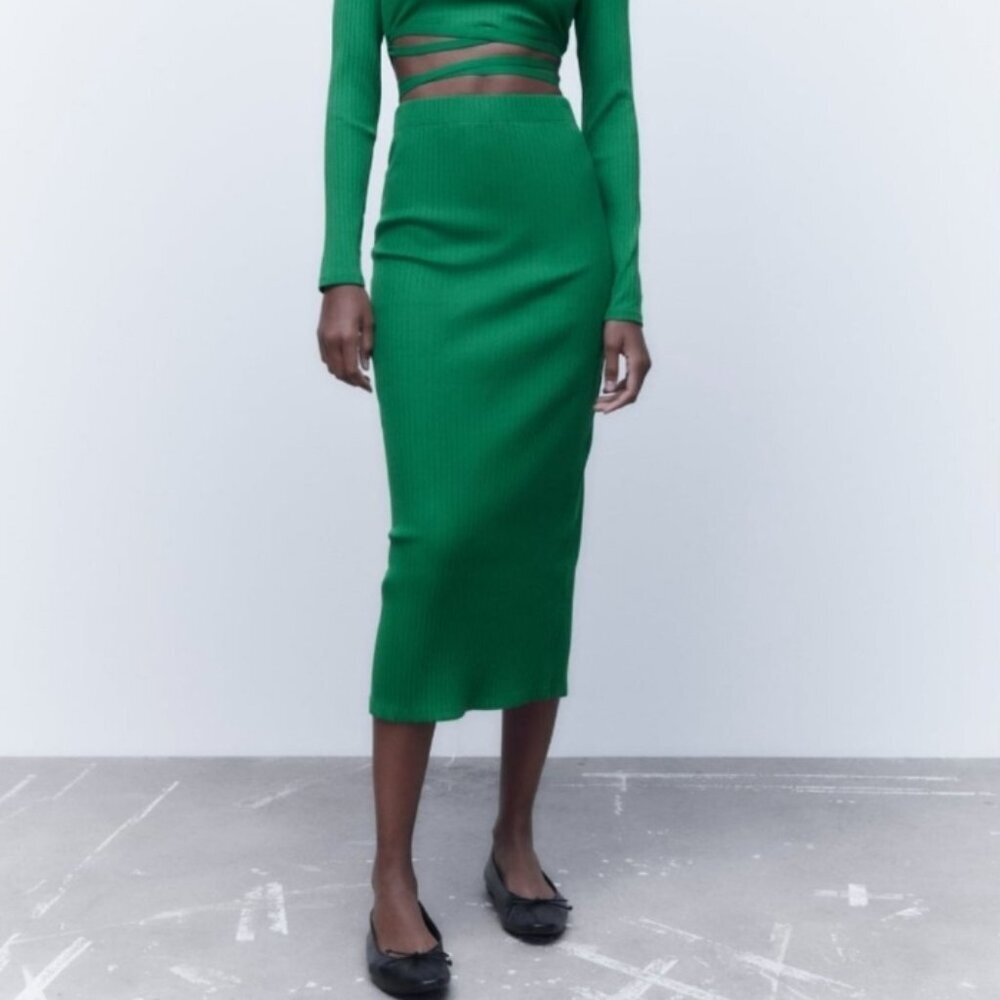 Zara Green Ribbed Knit Midi Pencil Skirt Size Large